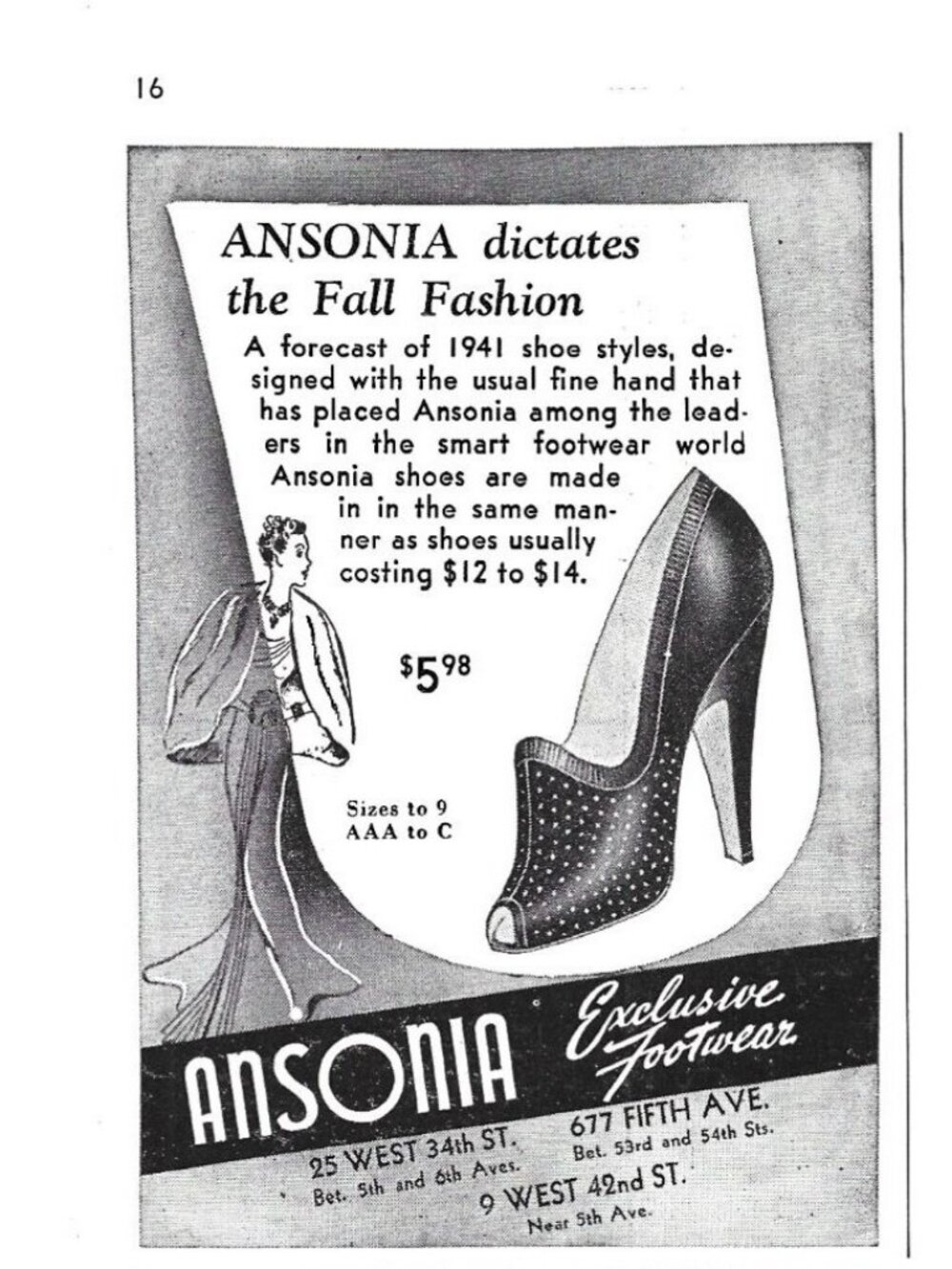 Ansonia Exclusive Footwear Vintage 1940 Fashion Ad Stylish Fashion